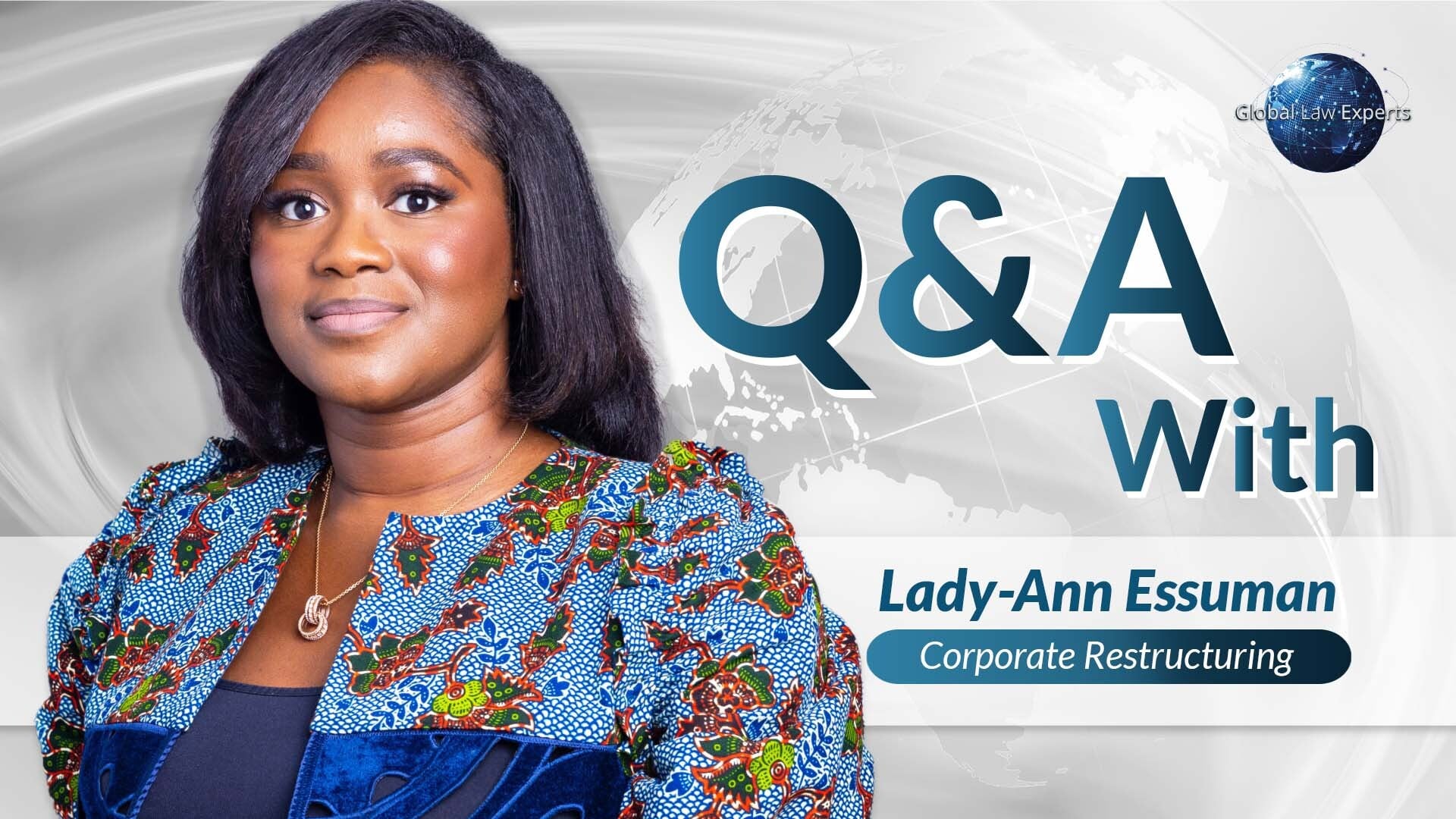 Corporate restructuring expert posing for a Q&A session with a neutral backdrop and global graphics.