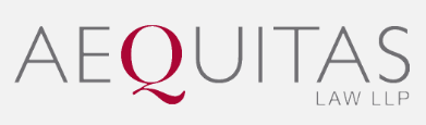 Aequitas Law LLP logo featuring stylized text in gray and red.