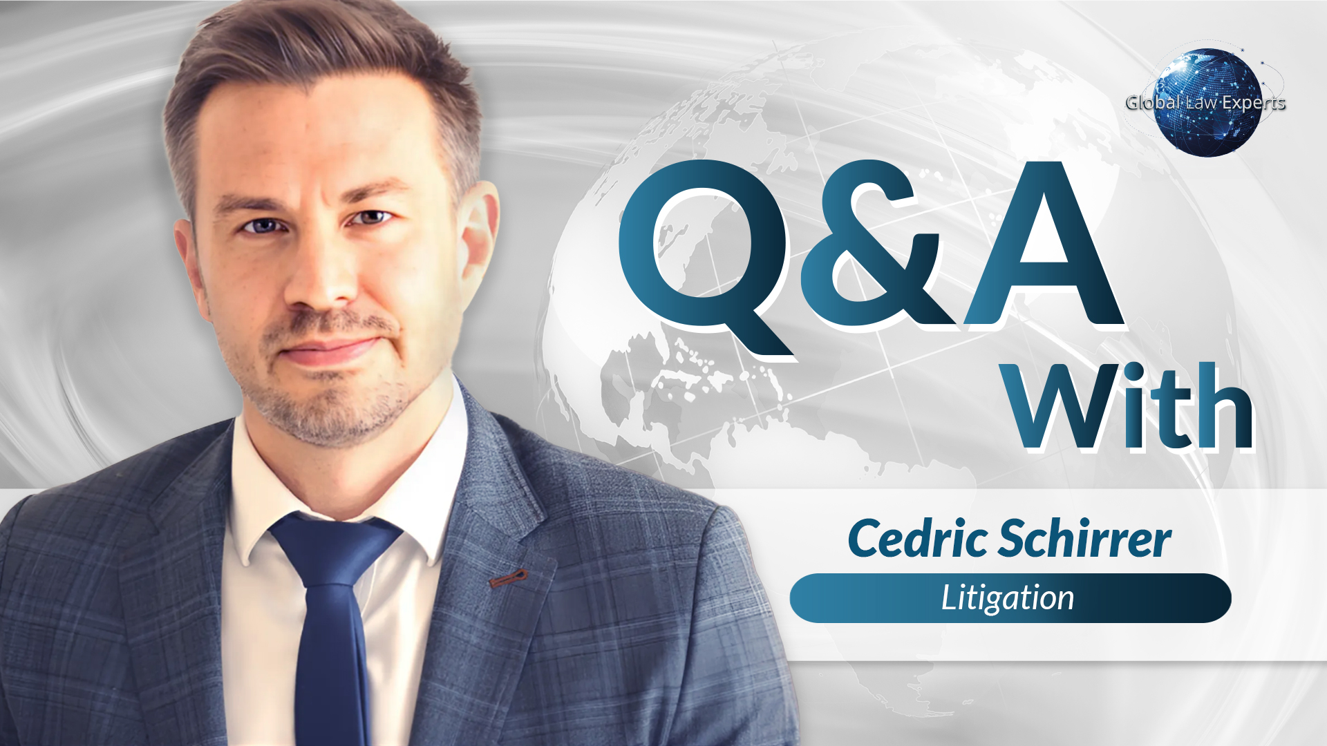 Litigation attorney Cedric Schirrer posing for a Q&A session with a global map background
