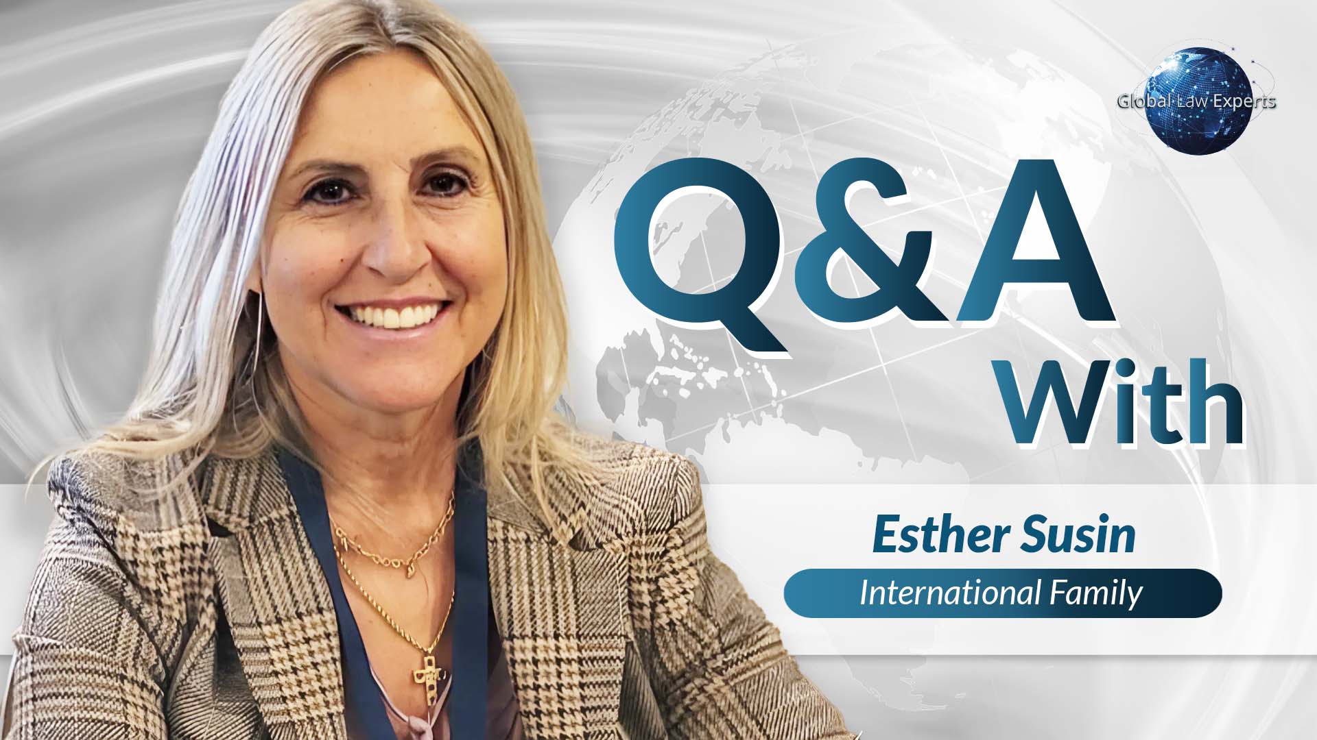 Lawyer smiling during a Q&A session, with a global map background and legal branding elements.