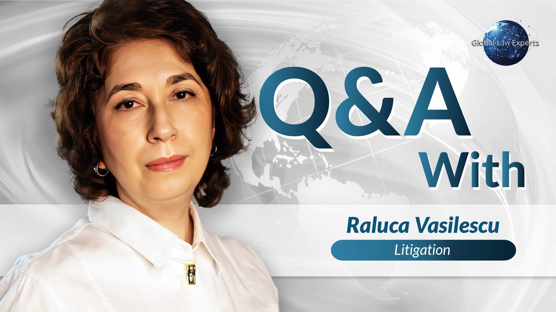 Litigation expert featured in Q&A format with a world map background, discussing legal topics related to law.