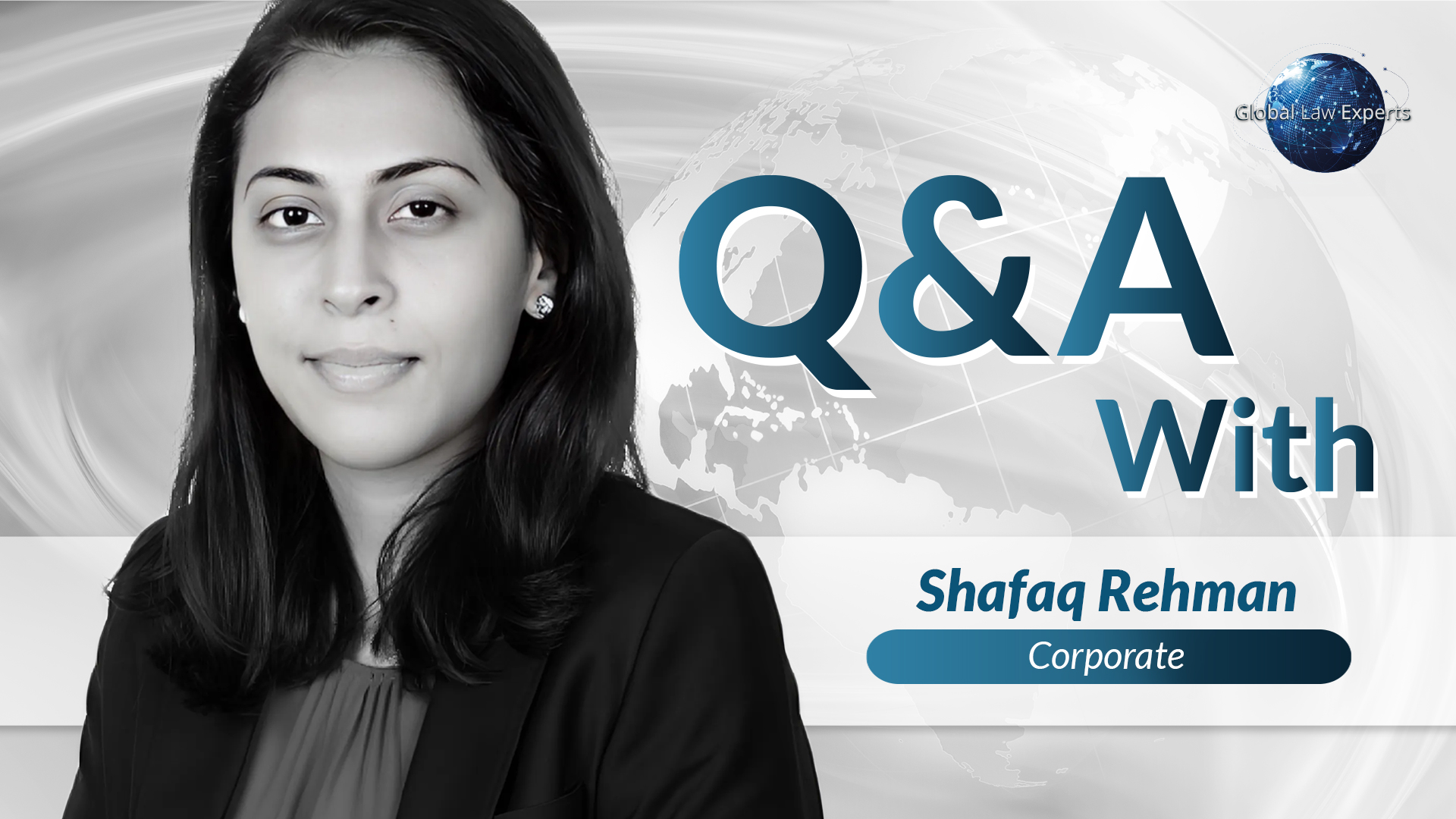 Corporate lawyer posed for interview, with a global map backdrop and "Q&A" text overlay.