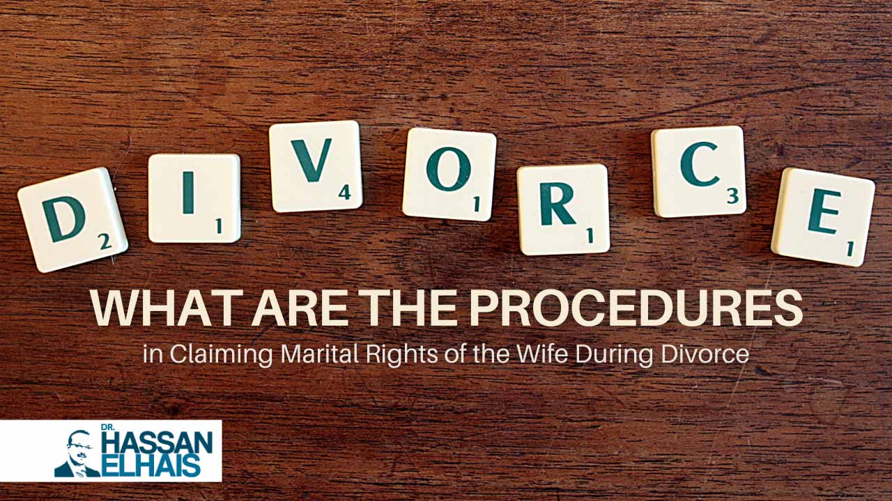 Scrabble tiles spelling "DIVORCE" with text about marital rights procedures during divorce on a wooden surface.