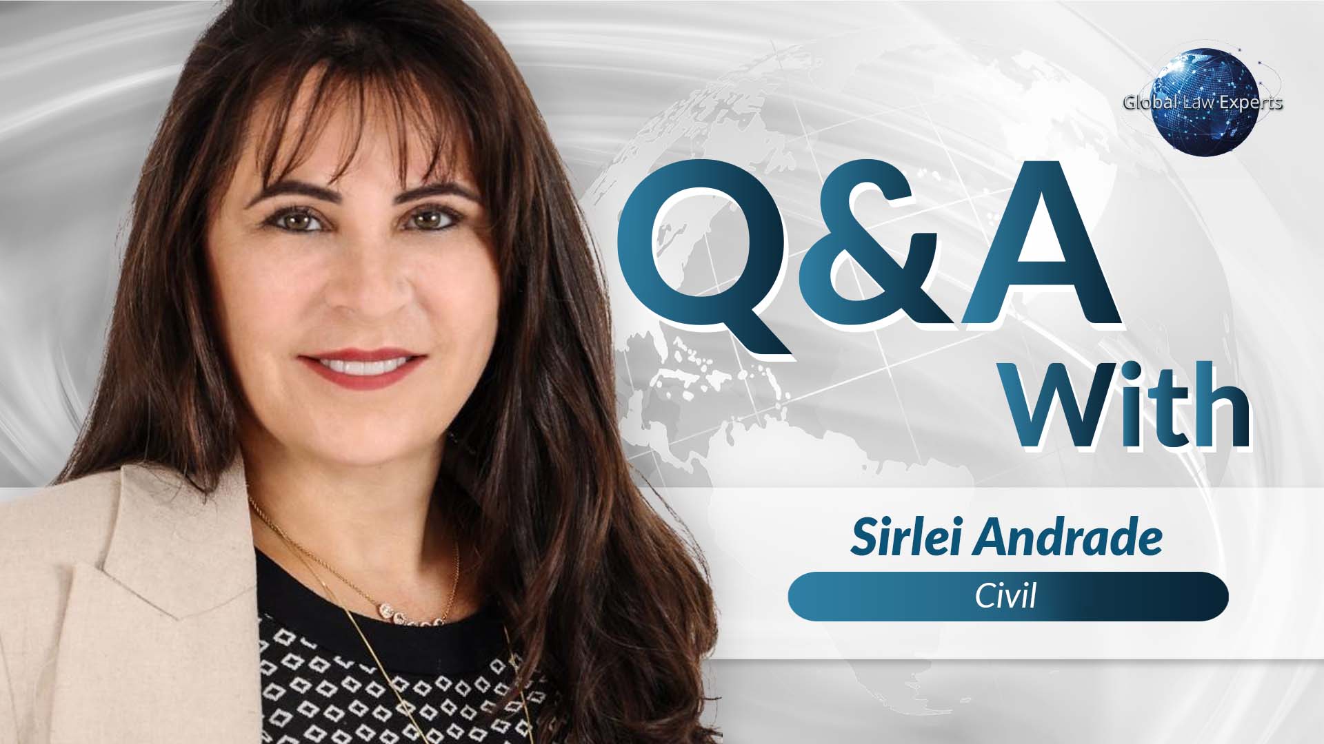 Civil lawyer posing for a Q&A session, featuring Global Law Experts branding in the background.