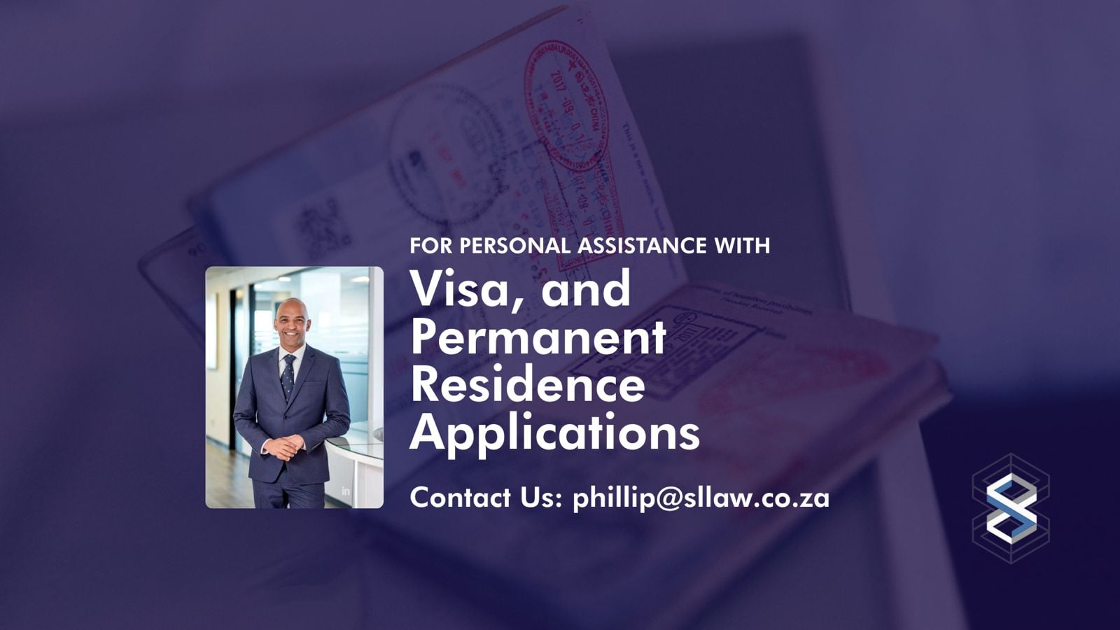 Attorney standing confidently in a law office with passports and visa stamps in the background.