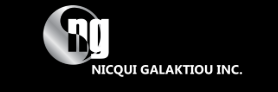 Logo of Nicqui Galaktiou Inc. featuring stylized text and circular design elements in a professional monochrome layout.