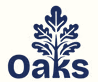 Blue tree graphic with the word "Oaks" beneath, suitable for branding or organization identification.