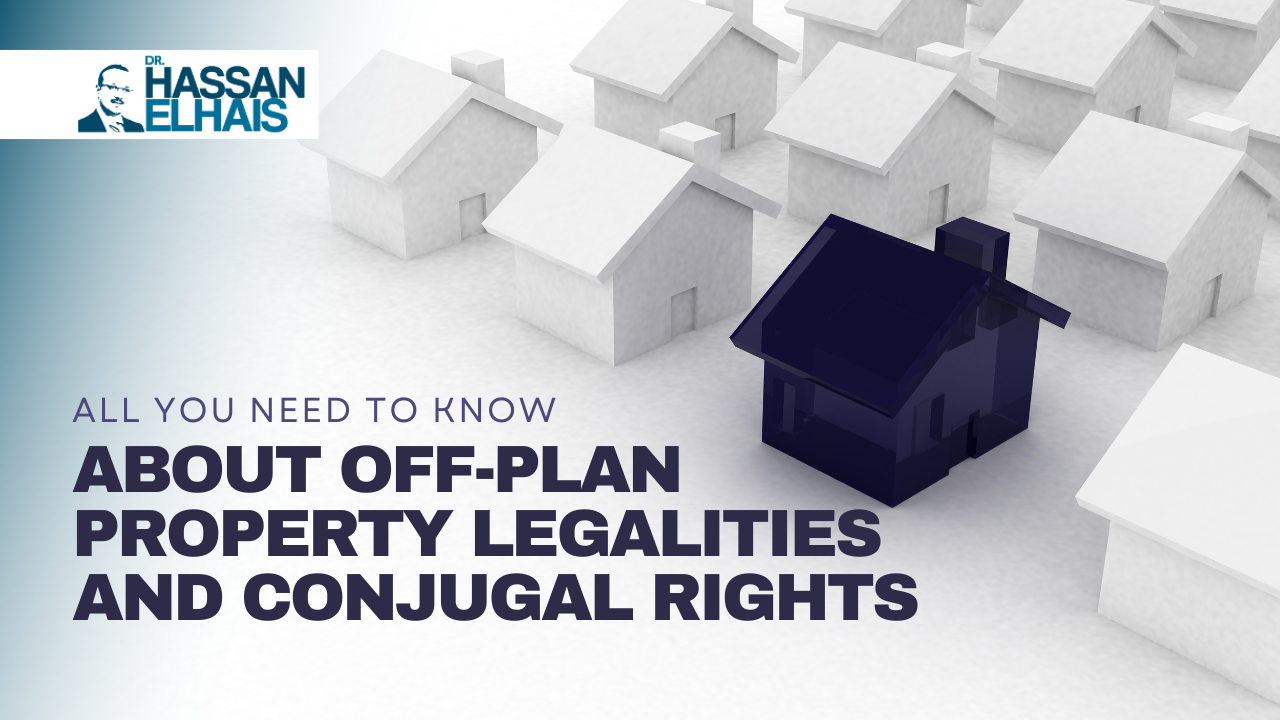 3D model of a dark house among white houses with text about property legalities and conjugal rights.