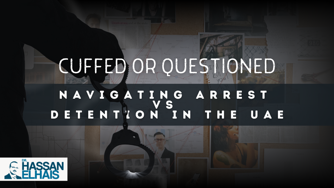 A person holding handcuffs in front of a wall filled with legal case visuals and information.