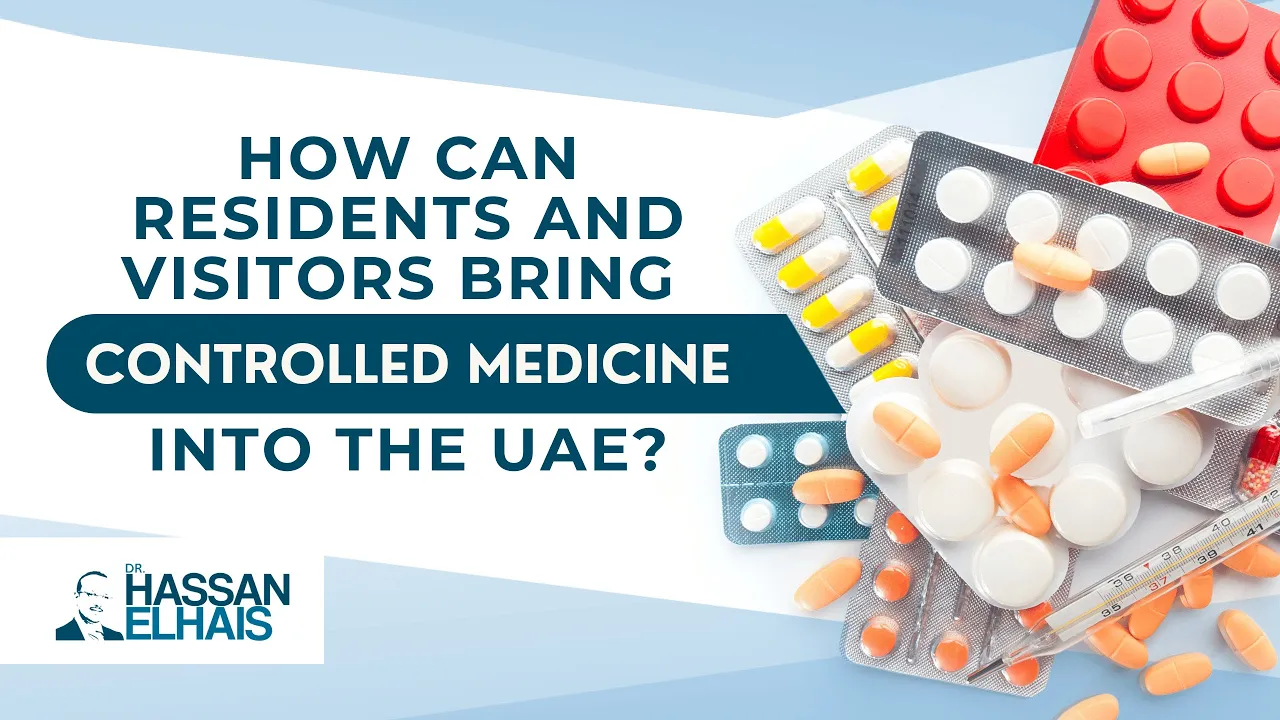 Graphic displaying various medicine packages with the question about bringing controlled medicine into the UAE.