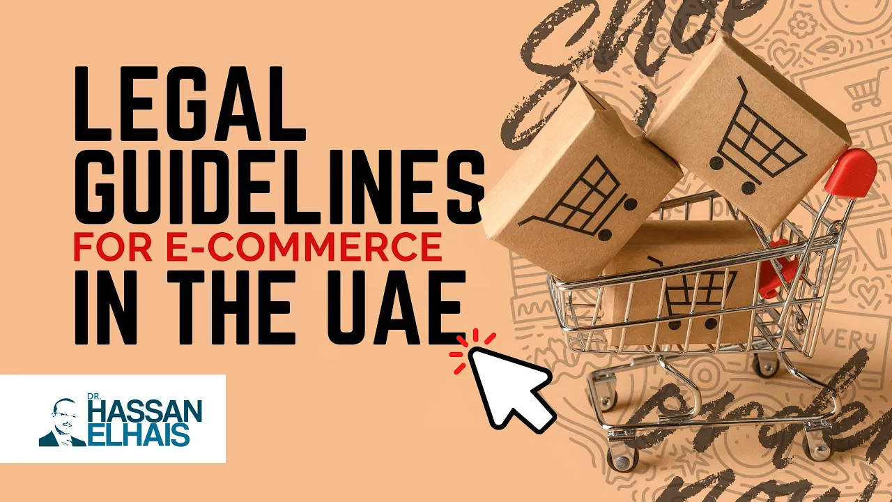 E-commerce packages in shopping cart with text on legal guidelines for online business in the UAE.