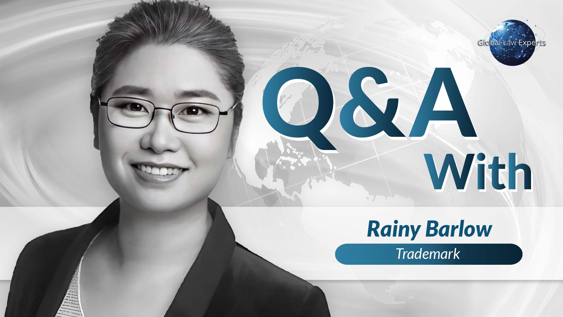 Attorney smiling in a professional setting, accompanied by Q&A text and a globe background representing global legal discussions.