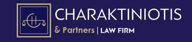 Law firm logo featuring scales of justice and the name "Charaktiniotis & Partners" on a dark background.