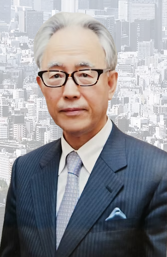Distinguished lawyer wearing glasses and a suit, with a city skyline in the background.