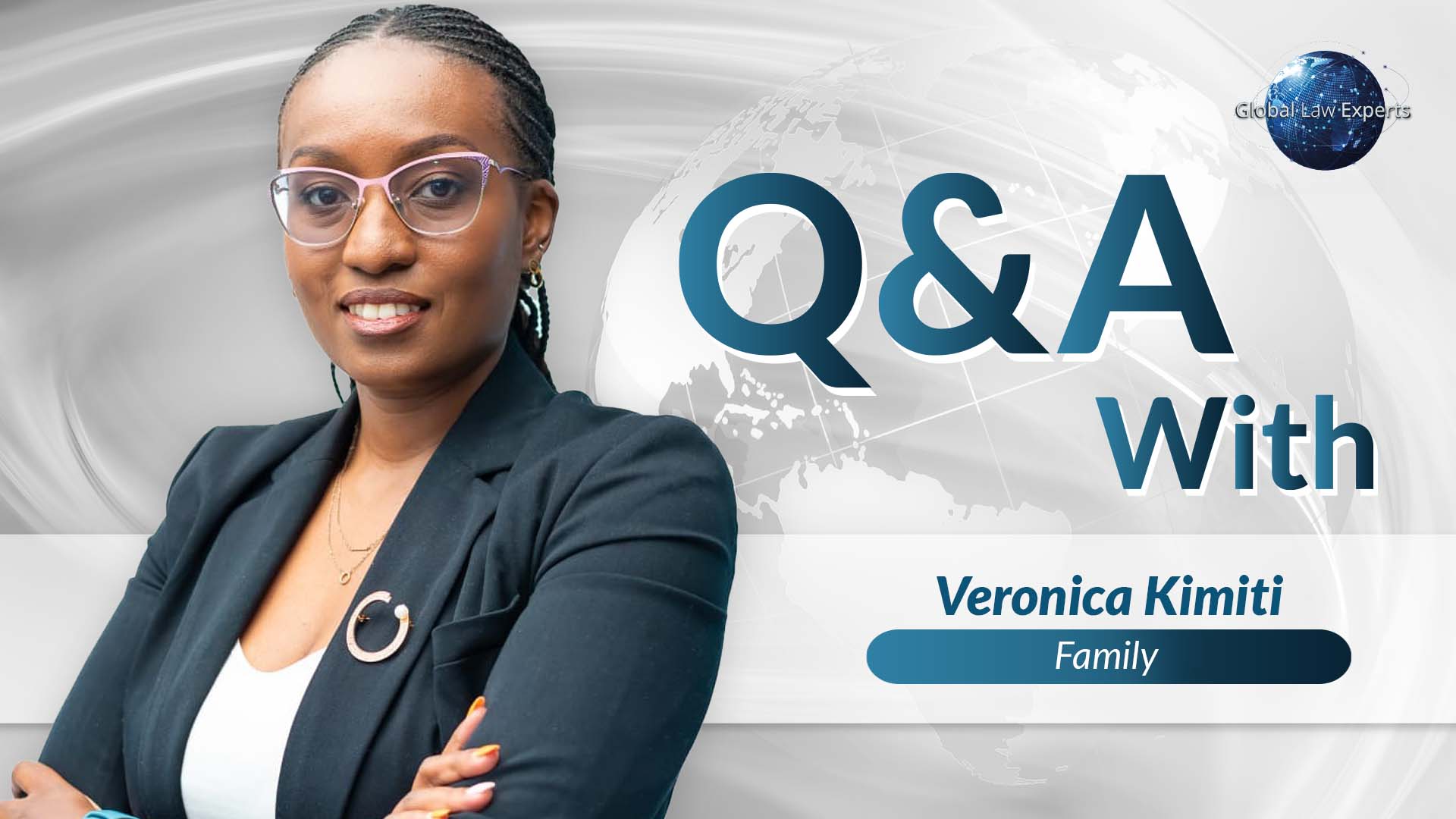 Family lawyer posing confidently with arms crossed, background features global design and Q&A title.