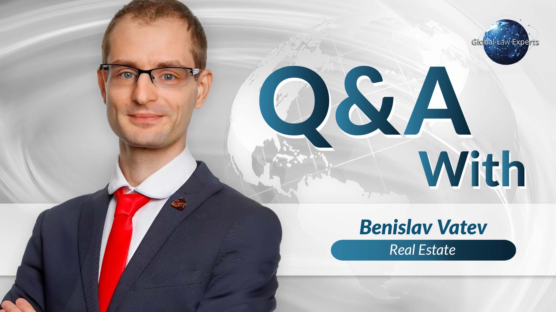 Real estate lawyer participating in a Q&A session, set against a soft gray background with a globe design.