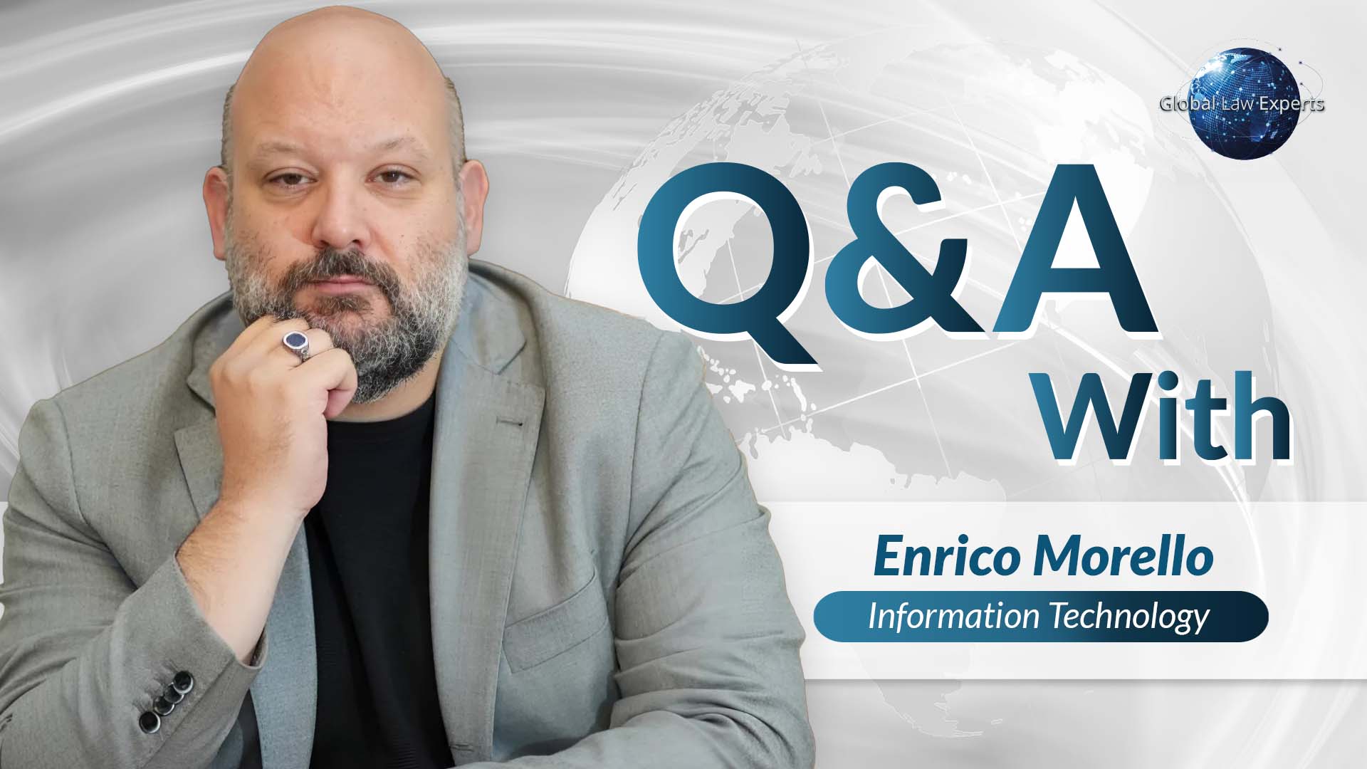 Professional discussing technology in a Q&A format, with a globe background and text overlay.