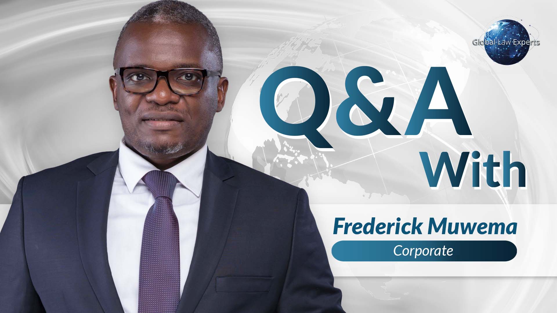 Corporate lawyer portrait with brief Q&A details and a globe design background.