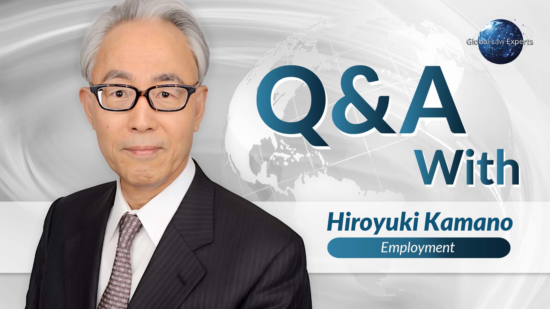 Attorney Hiroyuki Kamano participating in a Q&A session on employment law with a world map background.