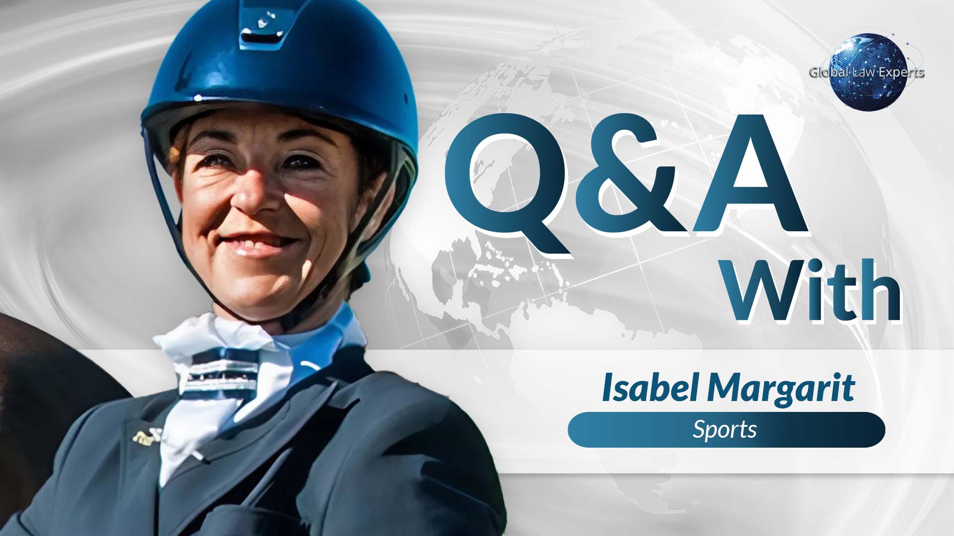 Equestrian athlete smiling confidently, dressed in riding attire, with a horse visible in context.