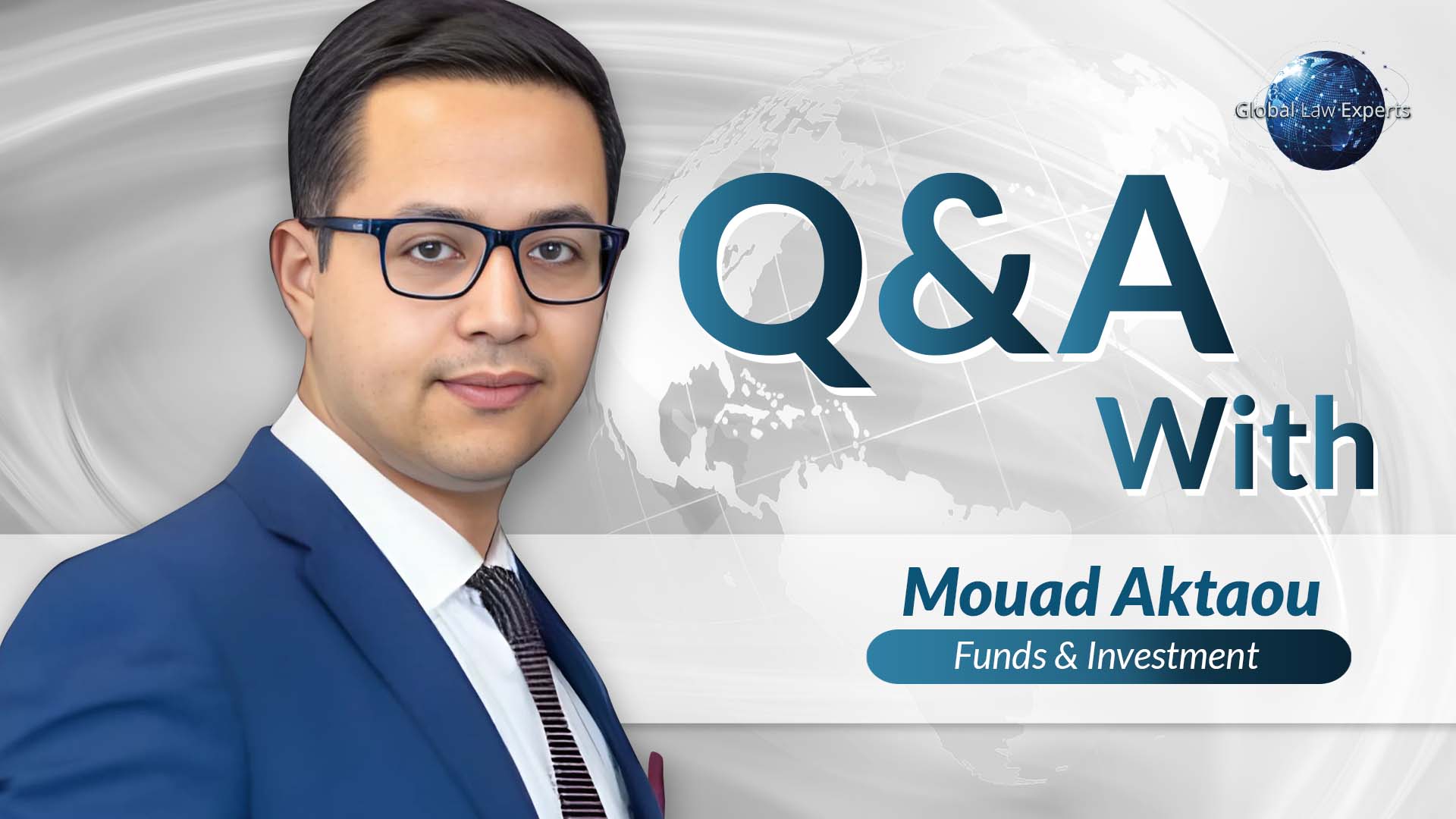 Legal expert engaging in a Q&A session about funds and investment, background features a global theme.