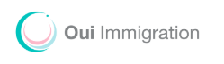 Logo for Oui Immigration, featuring a circular design with teal and pink elements alongside the text.