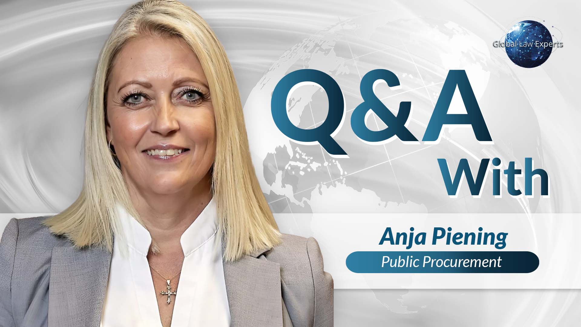 Legal expert Anja Piening featured in Q&A about public procurement with a global map background.
