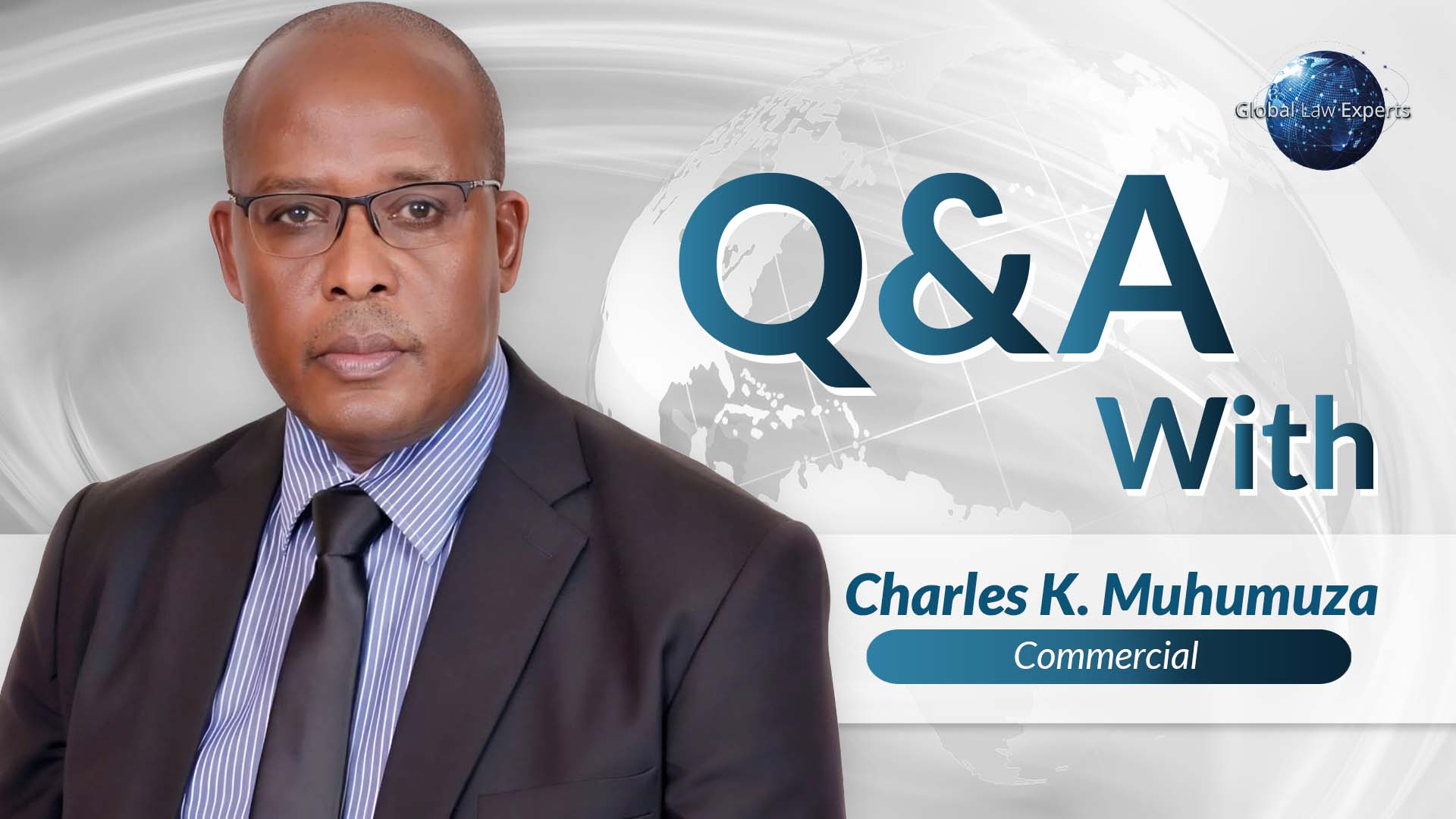 Lawyer Charles K. Muhumuza in formal attire with striped tie, featured in Q&A graphic for Global Law Experts.