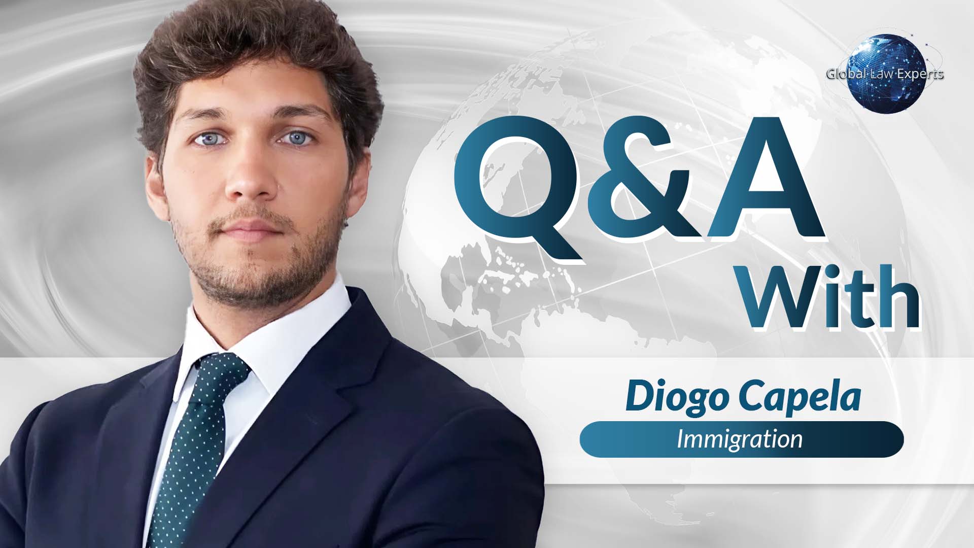Immigration attorney featured in Q&A, with a global map background and professional attire.