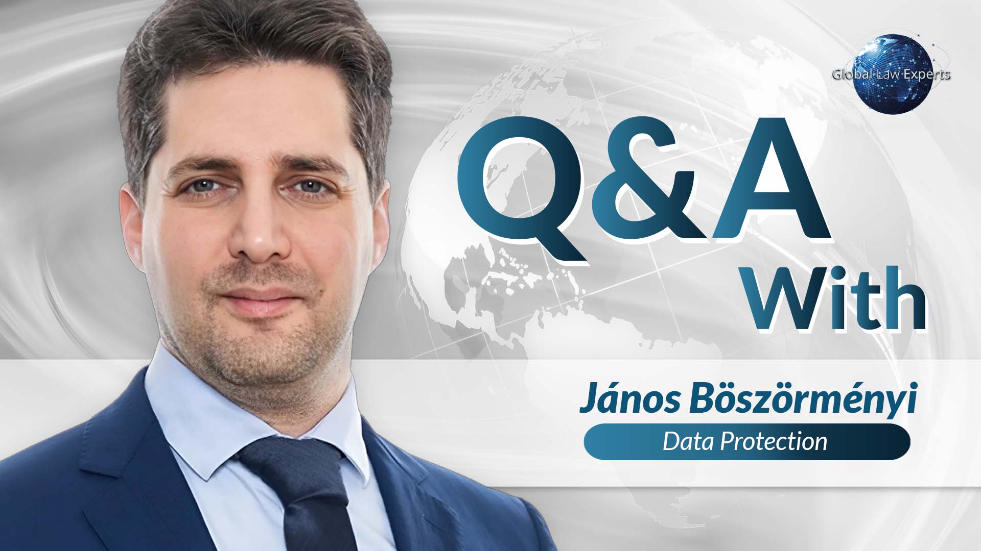 Legal expert featured in a Q&A format about data protection, set against a global backdrop.