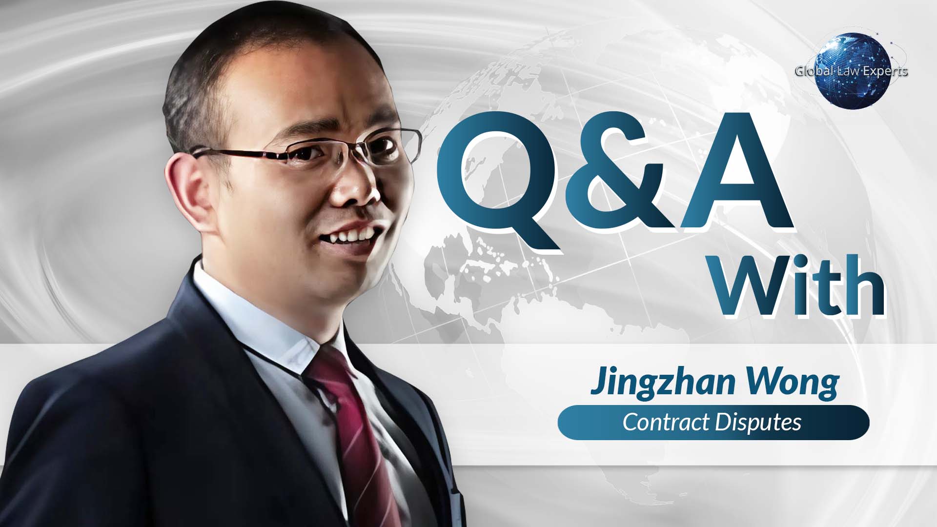 Legal professional Jingzhan Wong smiling and featured in a Q&A format discussing contract disputes.