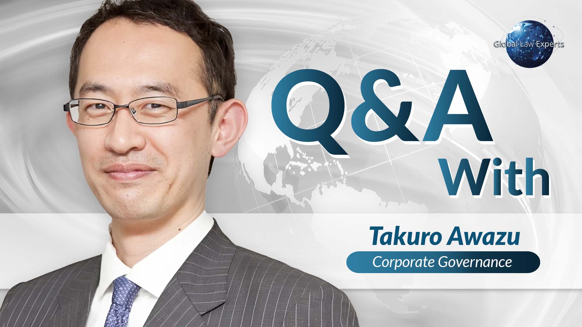 Corporate governance expert smiling against a grey background, with text overlay for Q&A feature.