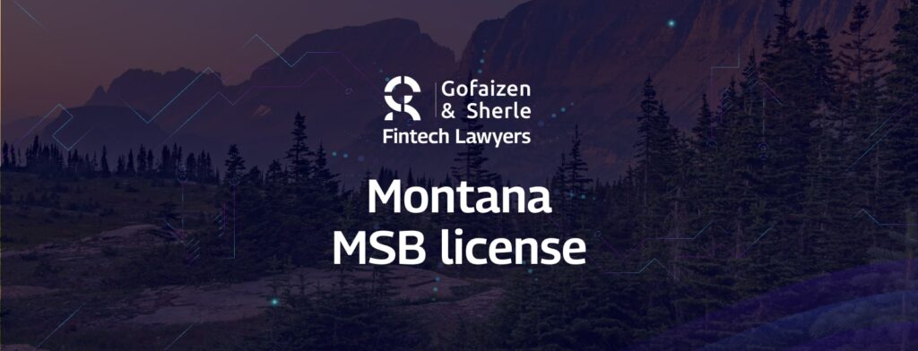 Fintech law firm branding with text about Montana MSB license over a mountainous forest landscape.