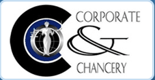 Logo for Corporate & Chancery featuring a globe and a figure symbolizing justice.