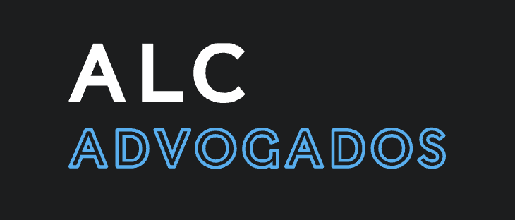 Law firm logo featuring "ALC ADVOGADOS" in bold white and blue lettering on a dark background.