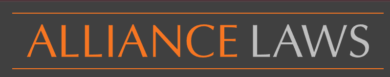 Text-based logo displaying "Alliance Laws" in orange and grey letters on a dark background.