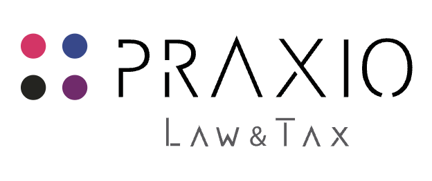 Praxio Law & Tax logo featuring colorful dots and modern typography in a professional design.