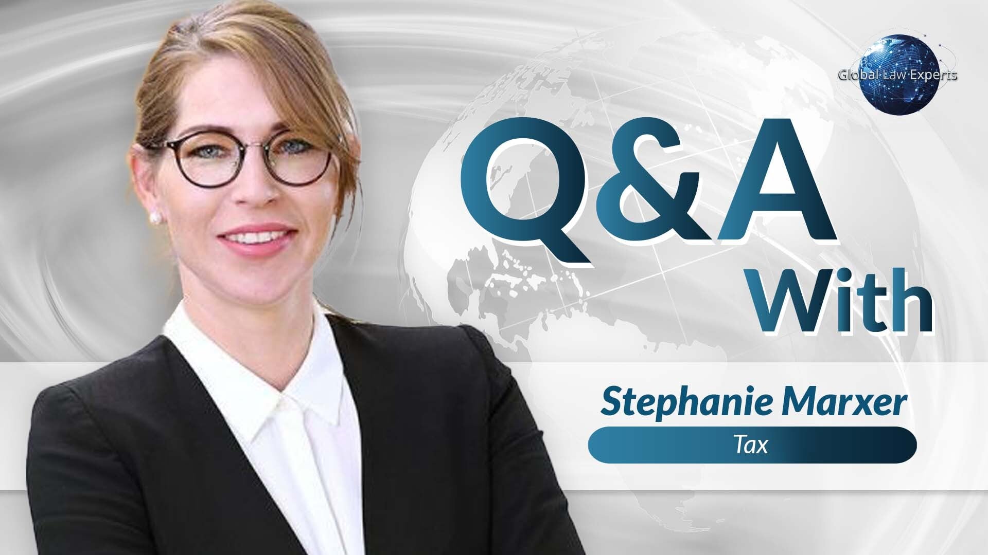 Tax attorney discussing legal topics in a promotional interview format with a global map background.