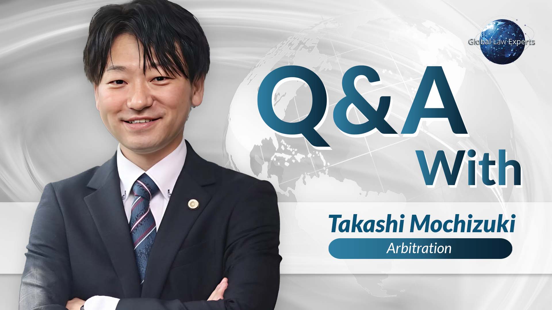 Attorney Takashi Mochizuki standing confidently, featured in a Q&A setting about arbitration.