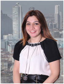 Young woman in a professional outfit, smiling, with a city skyline background, representing a legal firm context.