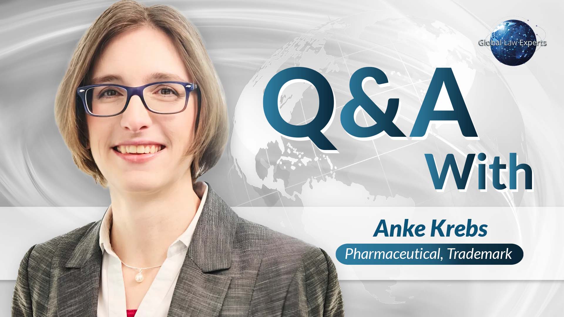 Legal professional smiling, presented with Q&A context, focusing on pharmaceutical and trademark law expertise.