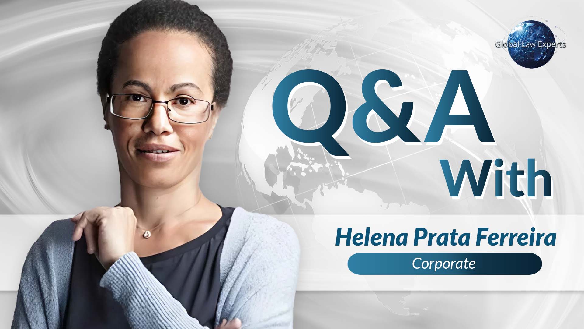 Corporate professional presenting a Q&A session, with a global background design and caption including her name.