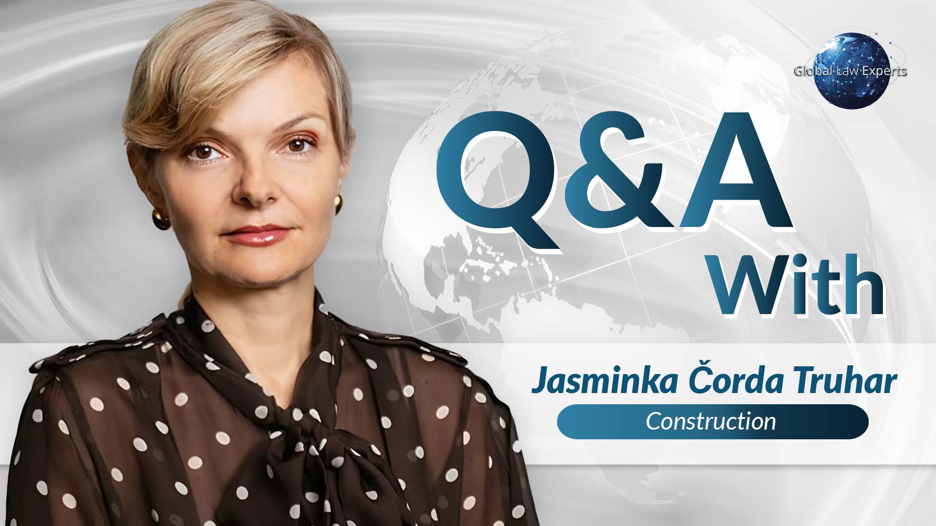 Legal expert engaging in a Q&A session on construction law, with global elements in the background.
