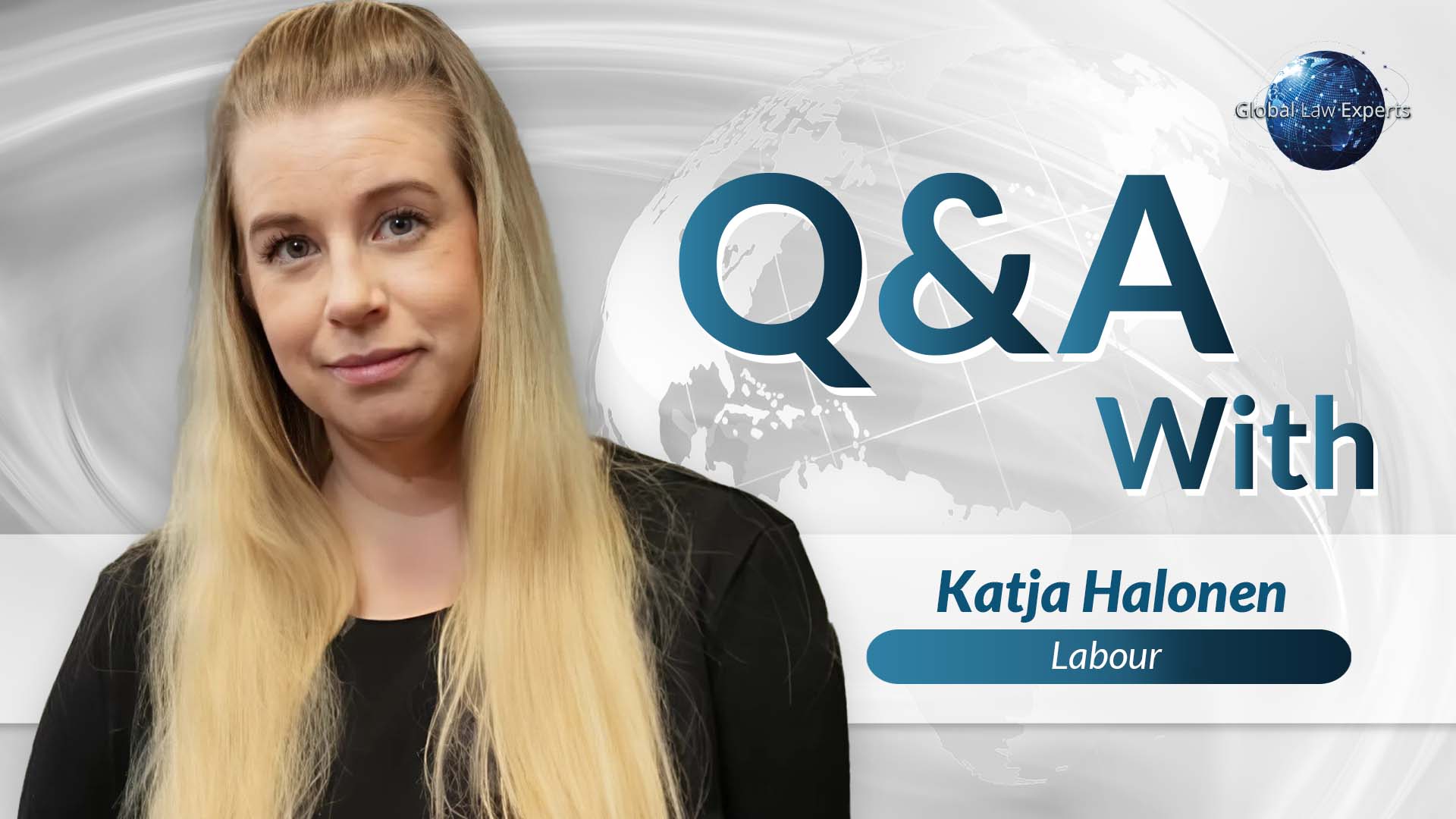 Labor law expert Katja Halonen participating in a Q&A session with a global context backdrop.