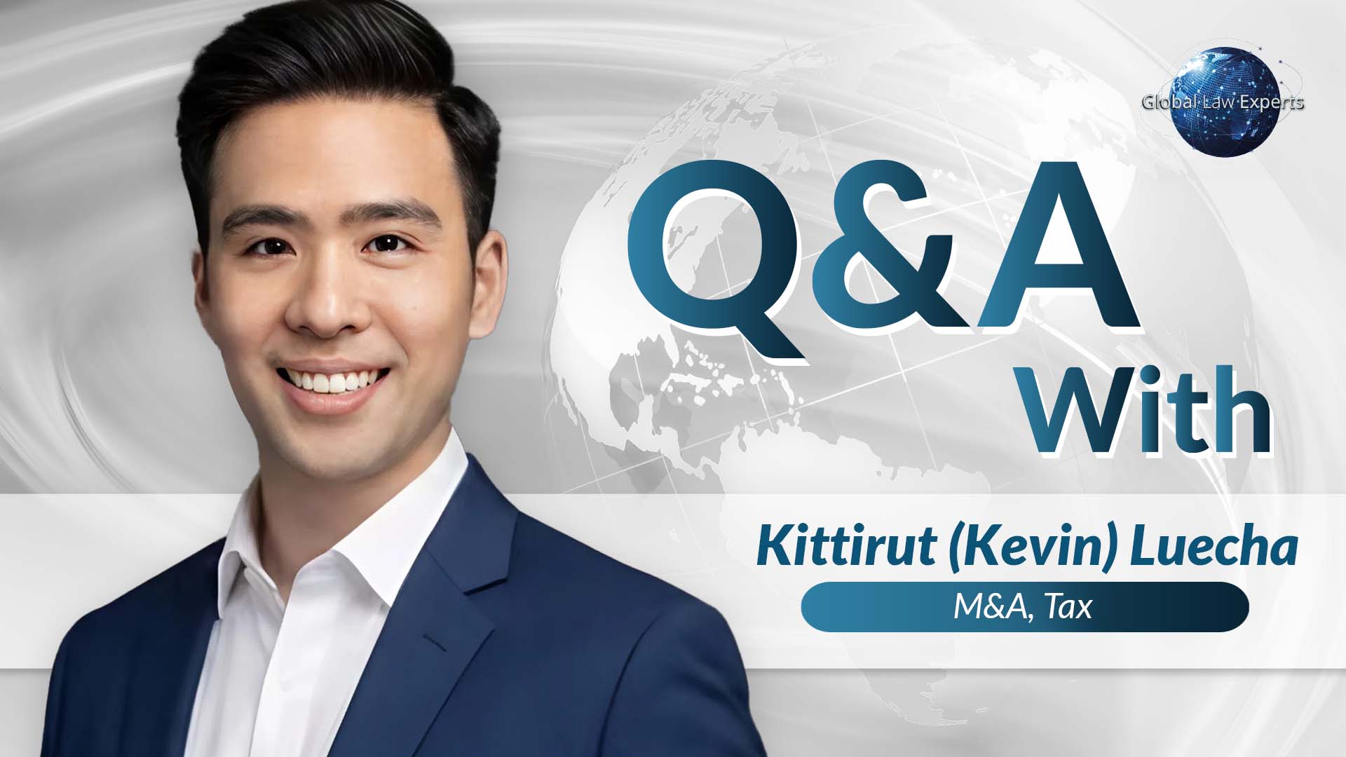 M&A attorney smiling in professional attire against a global map background with a Q&A text overlay.