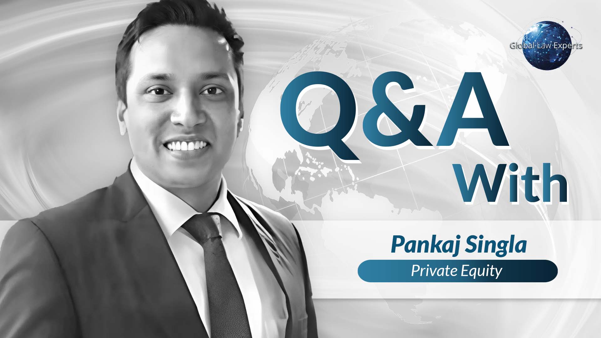 Legal consultant smiling during Q&A session, with a global theme background and text overlay for a legal interview.
