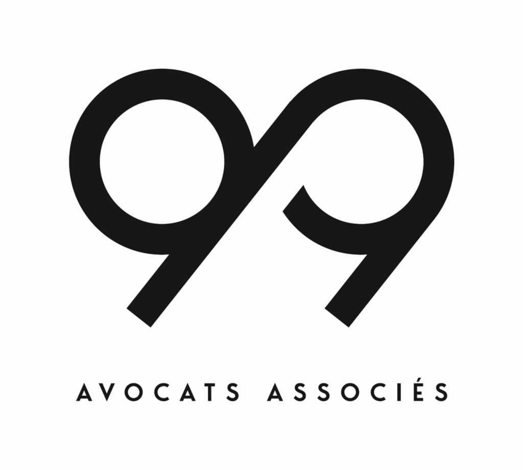 Logo design for a law firm featuring stylized text "99" above the words "AVOCATS ASSOCIES."