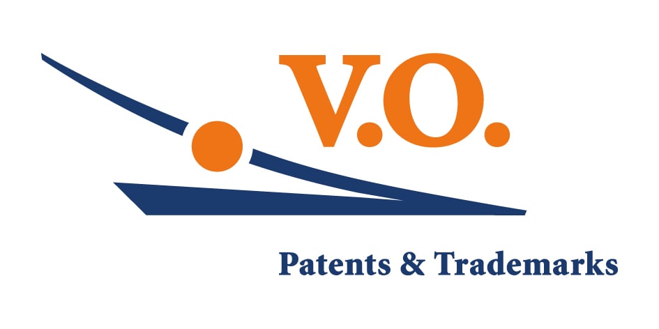 V.O. Patents & Trademarks logo featuring stylized elements representing innovation and legal protection.
