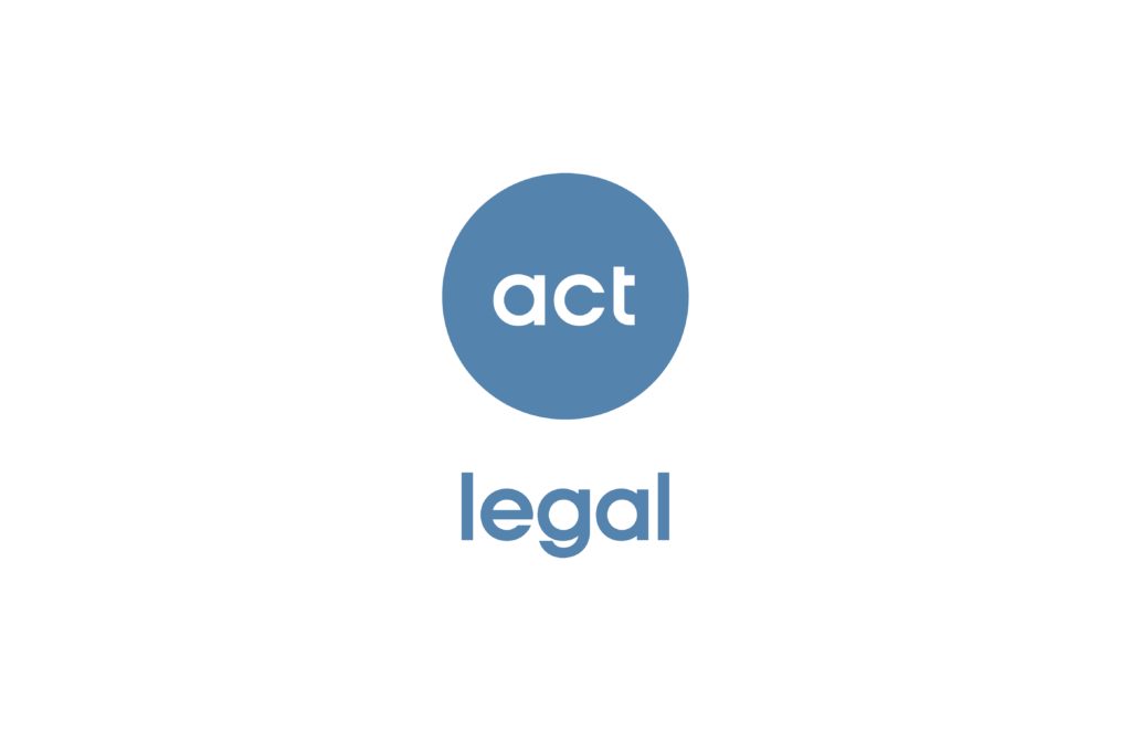 Logo featuring the word "act" in blue circle above the word "legal" in blue text.