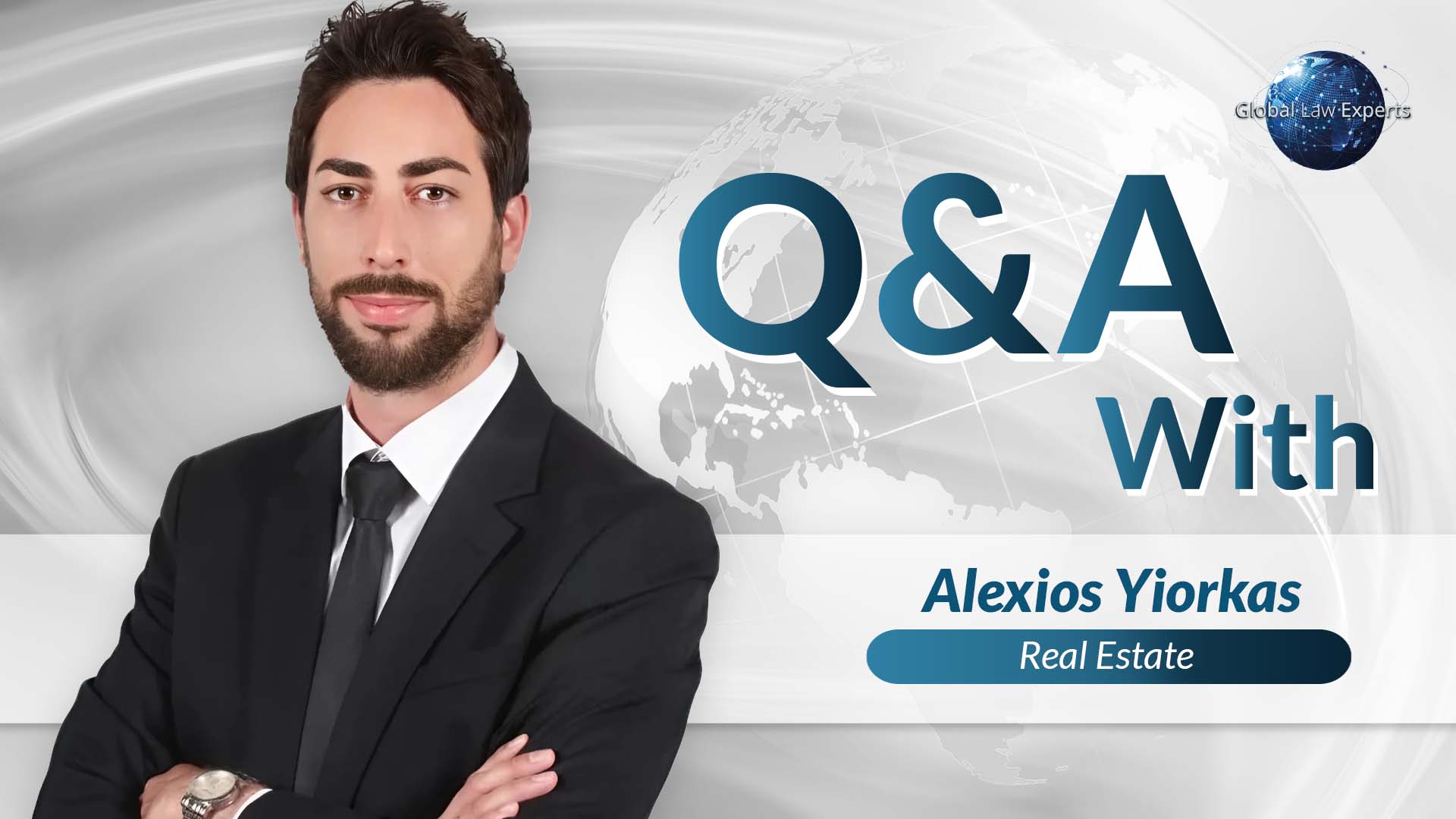 Real estate attorney posing confidently with arms crossed against a background featuring a globe and Q&A text.